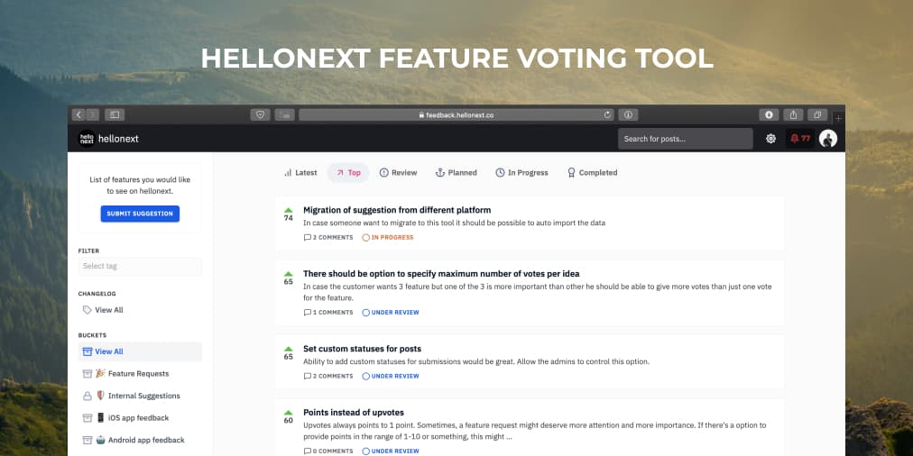 Hellonext feature voting app for feedback