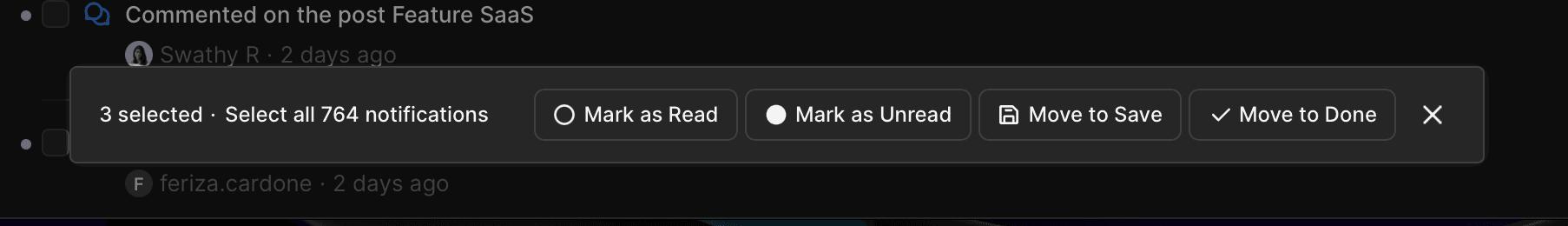 Updated notification action items on Hellonext