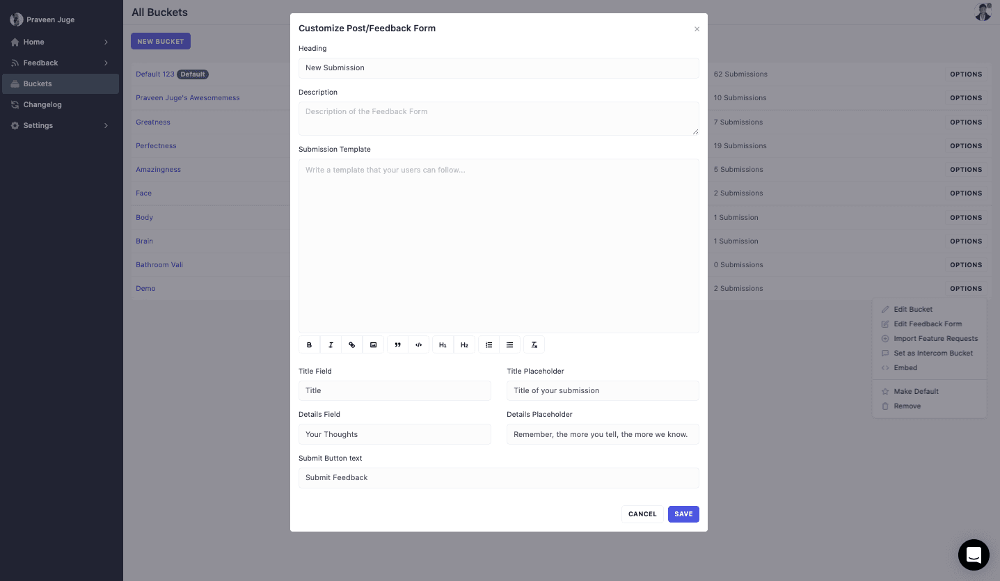 Submission templates for Hellonext customer feedback tool