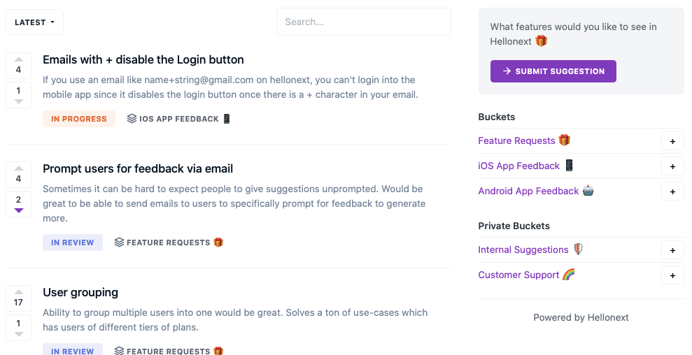 Customer feature voting tool design