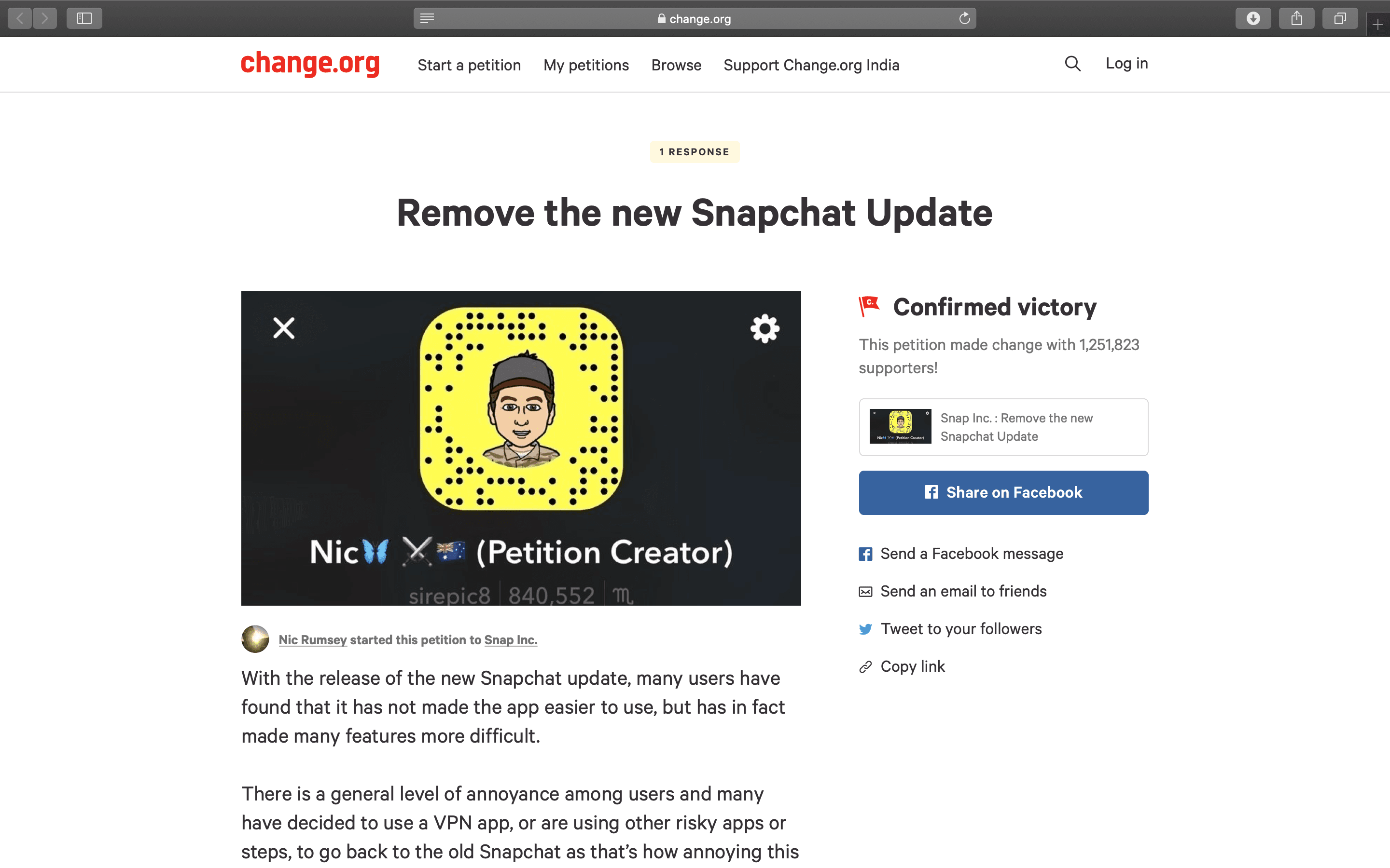 Snapchat Change.org Petition