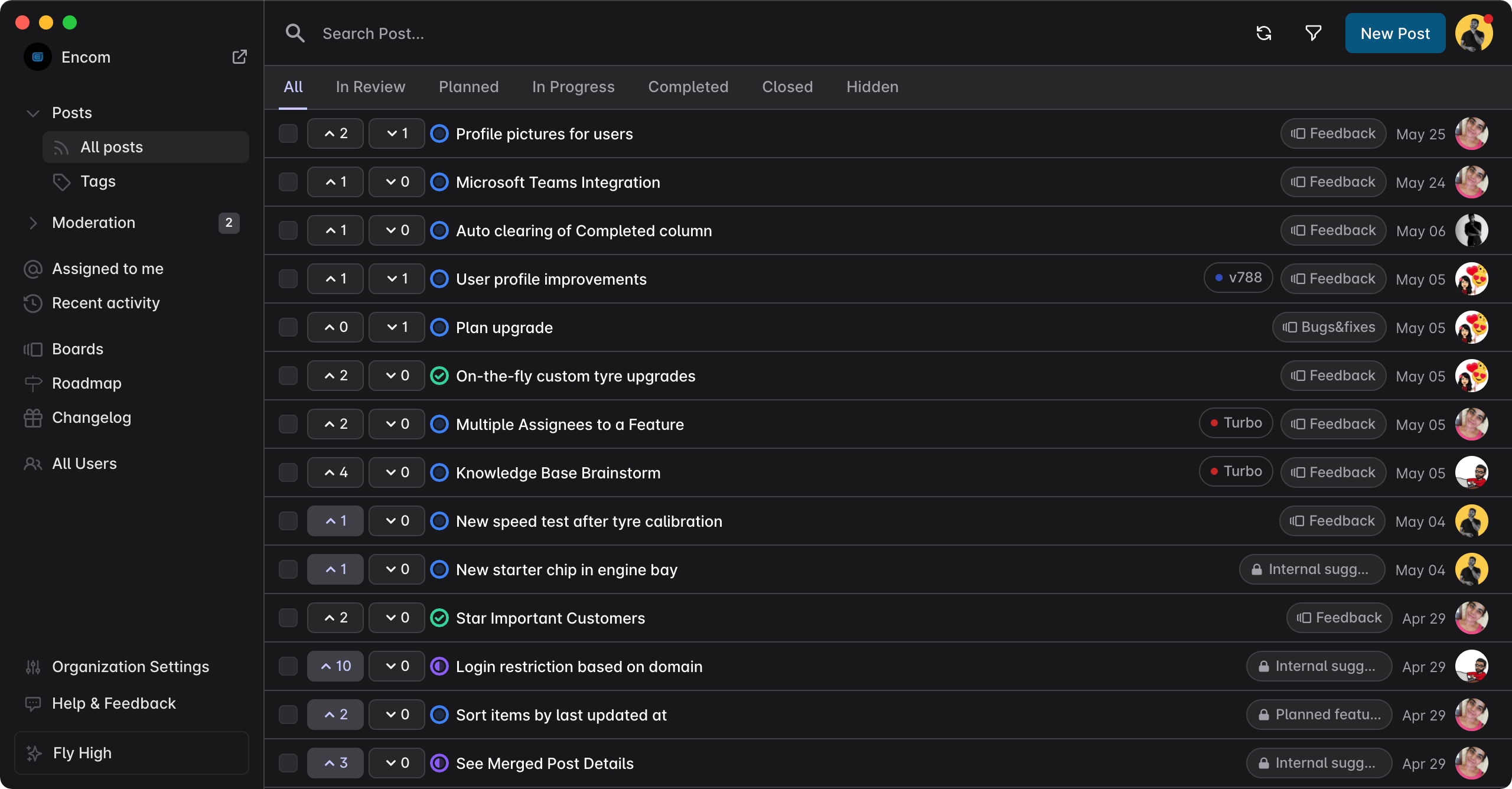 Hellonext feedback boards software screenshot