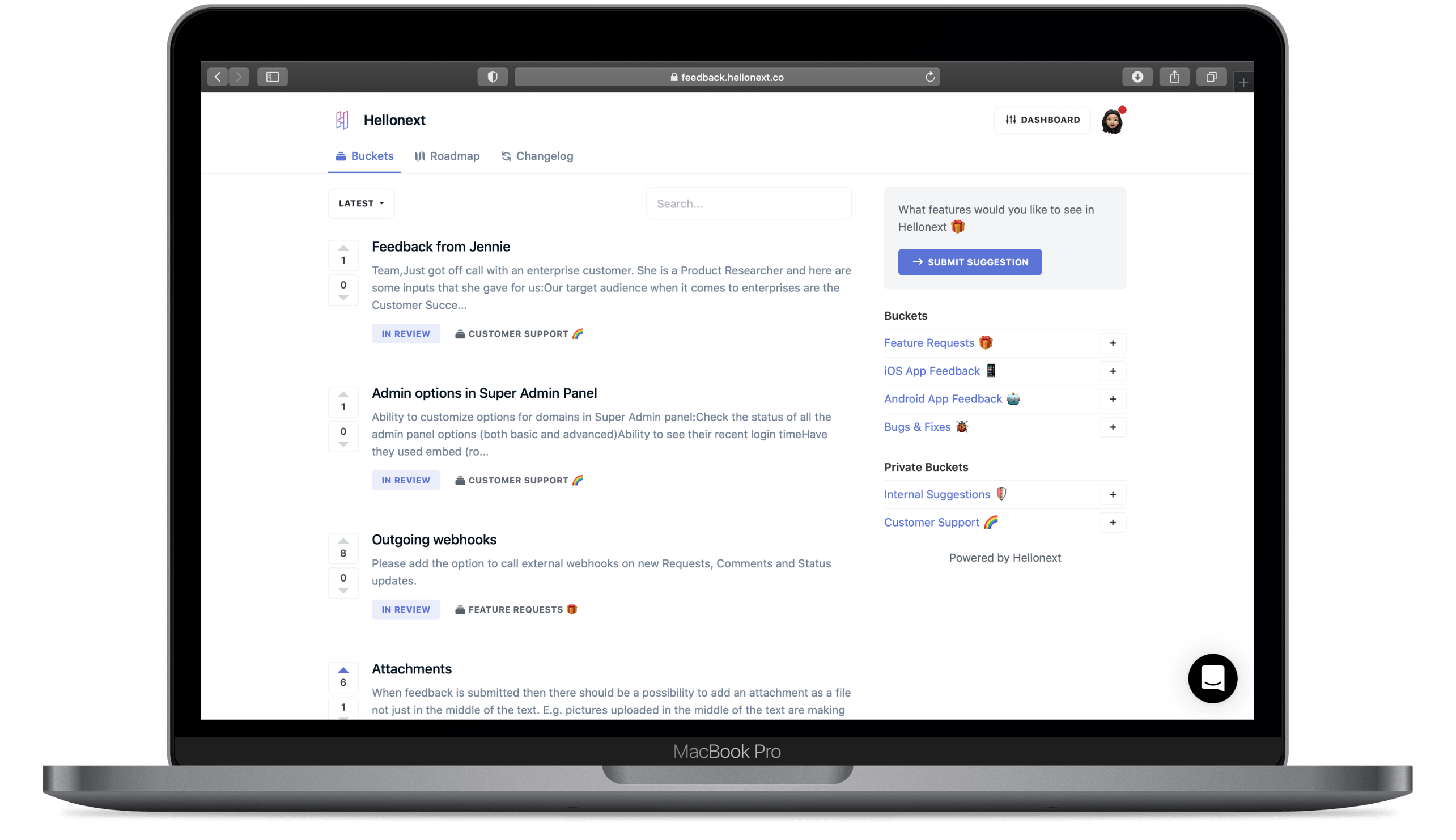 Hellonext feedback boards software screenshot